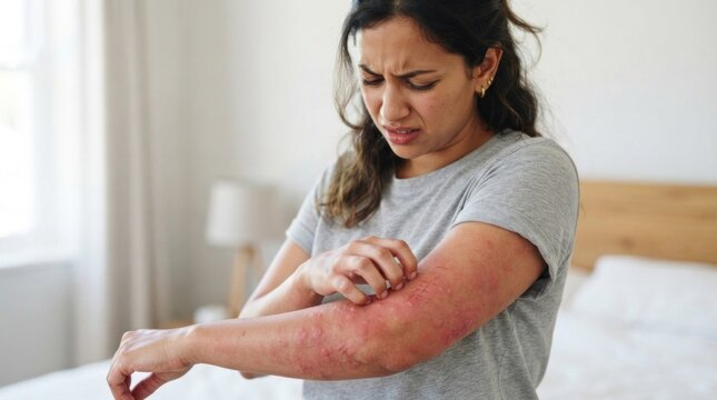 A woman with long, dark hair, wearing a gray t-shirt, is scratching her arm with a red rash. The background is a plain white wall with a wooden headboard and a white bedspread.