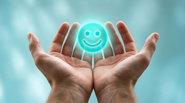 Cupping hands holding glowing blue smiley face customer satisfaction icon