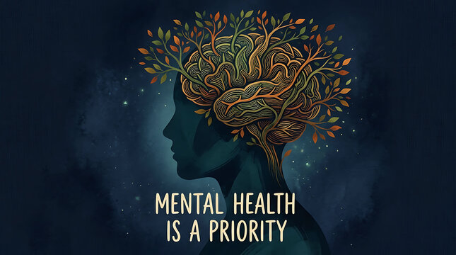 Mental health priority concept with human brain and tree illustration