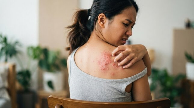A woman with long dark hair, wearing a gray tank top, is sitting on a wooden chair in a room with green plants and a white wall. She is holding her shoulder and appears to be in pain or discomfort,