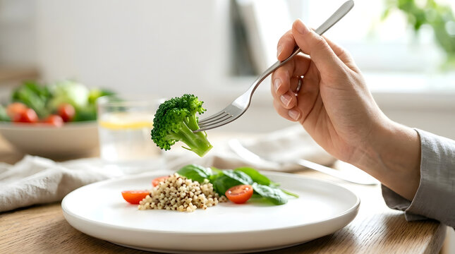 A woman's hand holding a fork with a fresh green broccoli floret above a clean white ceramic plate. 