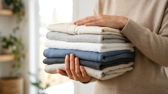 A woman's hands holding a neatly arranged stack of clean, freshly folded clothes. 