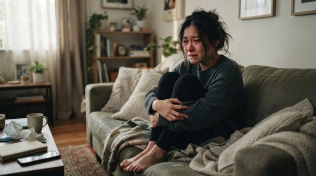 A woman sits on a couch, holding her knees to her chest, with a tear streaming down her face, in a cozy living room with a wooden floor and a window with a view of a tree outside.