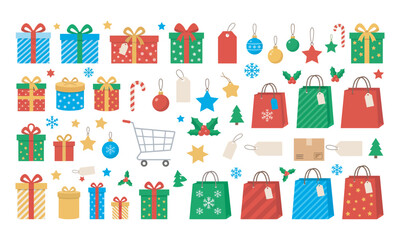 Fototapeta premium Colorful christmas vector illustration set featuring assorted gift boxes, shopping bags, ornaments and holiday icons