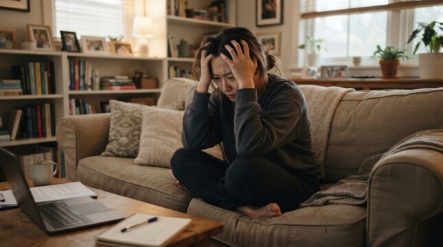 A woman sits on a couch, holding her head in her hands, with a laptop and papers in front of her.