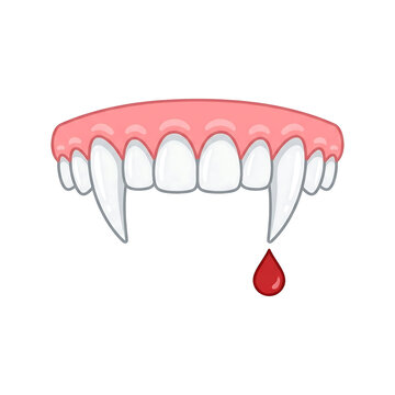 Cartoon vampire teeth with a dripping blood drop on transparent background