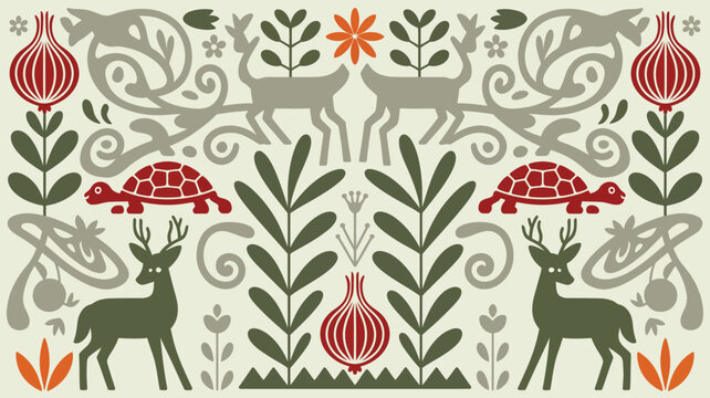 Folk art style seamless pattern with deer, turtles, and floral elements in a symmetrical decorative composition with a vintage scandinavian aesthetic