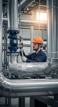 Industrial worker maintaining complex piping system with safety helmet.