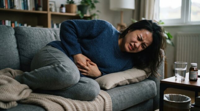 A woman in a blue sweater and gray pants is holding her stomach in pain, sitting on a gray couch with a white blanket and a wooden coffee table with a glass of water and a bottle of medication.
