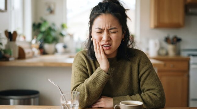 A woman sitting at a table with a cup of coffee, holding a spoon, and looking at her teeth with a worried expression.