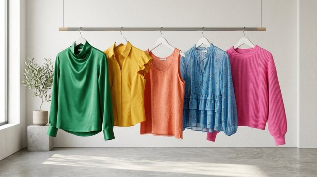 A collection of colorful tops hanging on a rack in a modern, minimalist setting.