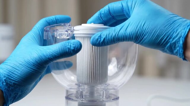 Gloved hands install a cylindrical filter cartridge into a transparent water filtration housing. Laboratory maintenance and purification equipment assembly.