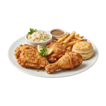 Crispy Fried Chicken Combo Meal with French Fries, Biscuit, and Coleslaw Isolated on Transparent Background