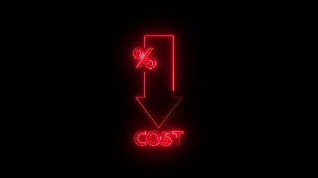 glowing neon Cost reduction icon concept. Cost reduction icon business finance concept, budget management and cost management. down arrow with cost. Economy recession, low budget, Effective business