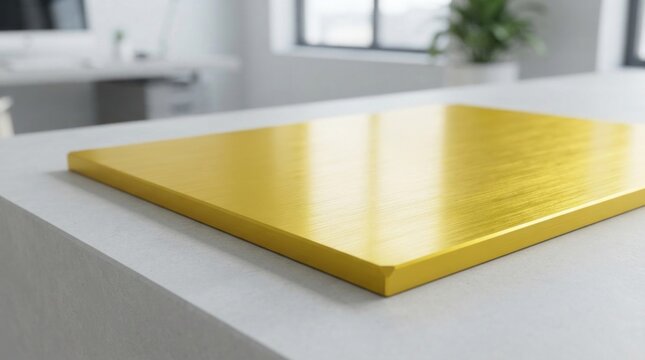 A yellow, square, smooth, polished countertop with a smooth, white, clean, modern kitchen background.