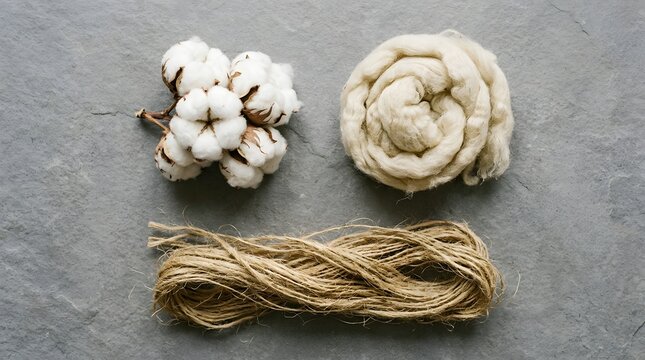 Fluffy white cotton bolls next to rolled wool and rustic brown twine fibers captured in a bright overhead flat lay