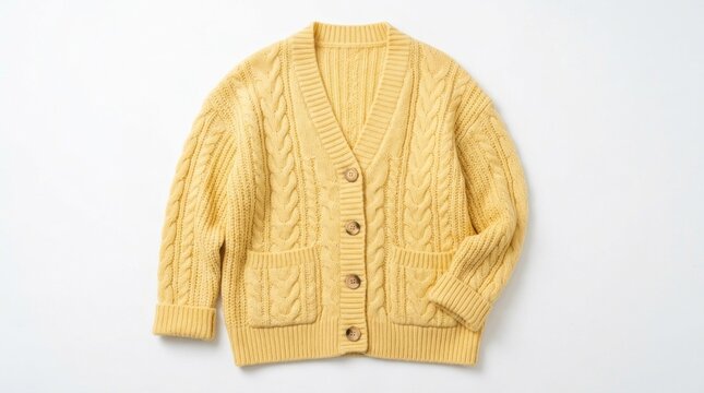 A yellow cable knit cardigan with buttons and pockets, laid flat on a white background.