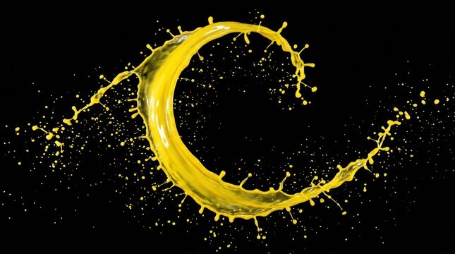 A yellow liquid splashing in the shape of a crescent moon on a black background.