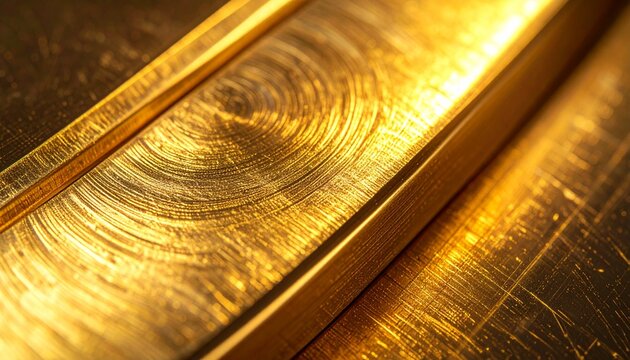 Close-up of polished golden metal featuring swirling engraved textures, reflective highlights, and warm metallic tones, creating an elegant abstract industrial background.