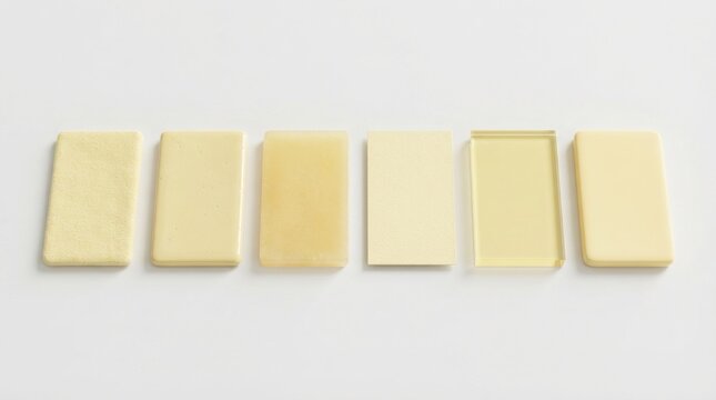 A row of five rectangular blocks, each varying in color and size, arranged in a horizontal line on a plain white background. 