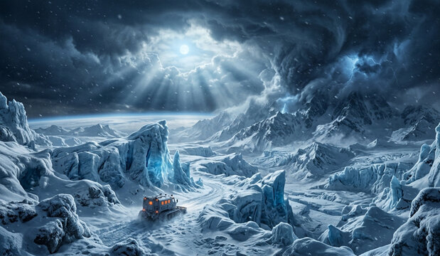 Majestic snow-covered mountain range and frozen glacial landscape under a dramatic cloudy sky with sun rays shining through