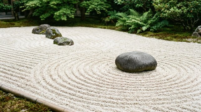 A serene Japanese garden with a white sand path, rocks, and greenery in the background.