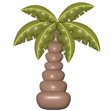 Clipart illustration of a cartoon palm tree with a stumpy trunk in a glossy 3D style 