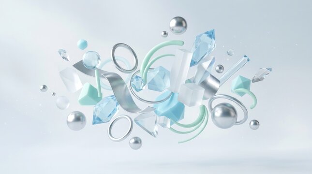 A dynamic array of abstract shapes and objects, including spheres, cubes, 