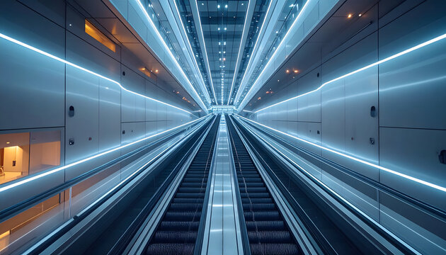 Futuristic escalator passage inside a modern metro station with glowing blue neon light lines creating a symmetric vanishing point perspective