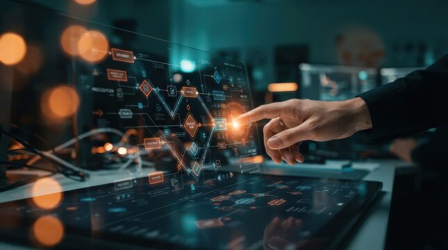 Cybersecurity analyst interacting with a futuristic holographic screen showing data flow and digital charts