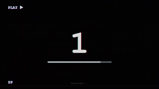 Vintage VHS style countdown number five animation with glitch effects and play interface