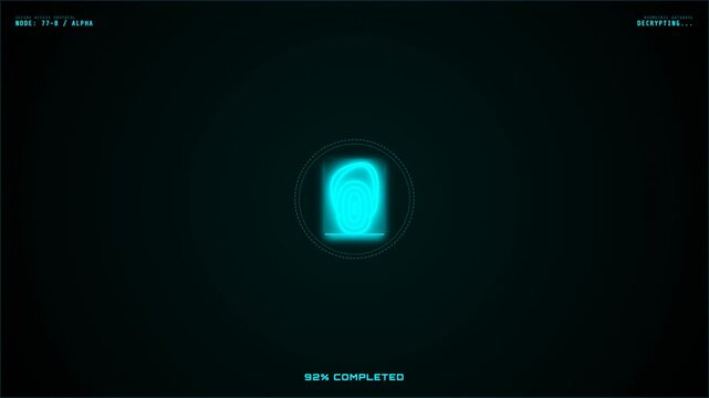 Digital fingerprint biometric authentication process animation on futuristic HUD interface screen