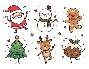 Obraz premium Cute Christmas Character Set Featuring Santa Claus, Snowman, Gingerbread Man, Reindeer, Christmas Tree, and Pudding for Festive Holiday Season Design