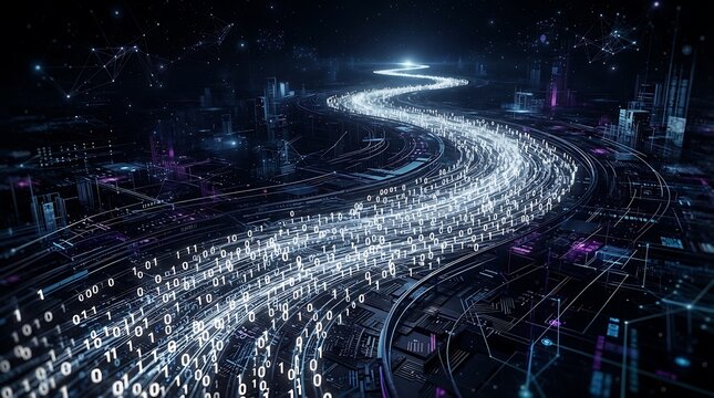 Futuristic digital data stream flowing through a high speed network infrastructure.