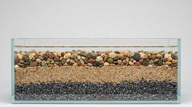 Geological laboratory cross section profile view of permeable reactive barrier PRB filtration media layers with zero valent iron granular particles and silica sand for groundwater cleanup