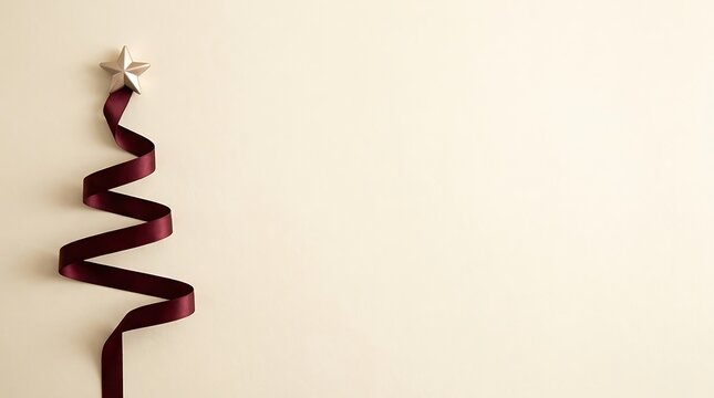 Minimalist abstract christmas tree shape made from a burgundy ribbon with a star topper