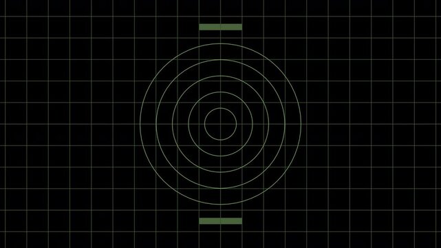 military secret radar spy tracker electronic device heads up display screen with radiating ping radius sonar and moving rectangular digital blocks on a navigation chart map grid 4K animation