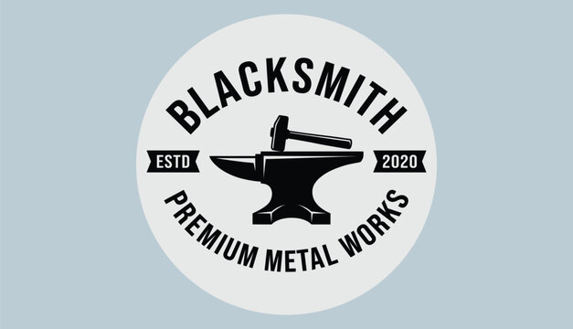 Circular blacksmith logo with anvil and hammer symbolizing premium metal works craftsmanship and traditional forging identity
