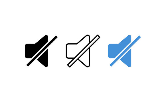 Mute speaker icon set in flat, outline, and blue styles, silent volume control symbols for user interface design, audio off buttons