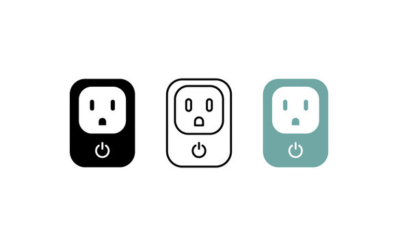 Smart plug icon set in flat, line, and color styles, smart home power socket symbols, electrical outlet with power button vector illustration