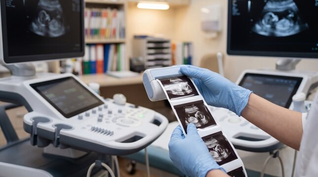 Gloved hand of obstetrician doctor holding printed ultrasound thermal sonogram photo of developing fetus. Diagnostic sonography display showing fetal development in hospital maternity clinic.