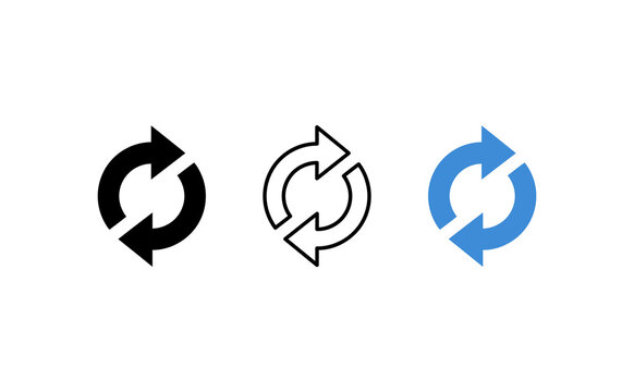 Circular refresh arrow icons in black, outline, and blue styles, sync and reload symbol set for user interface design