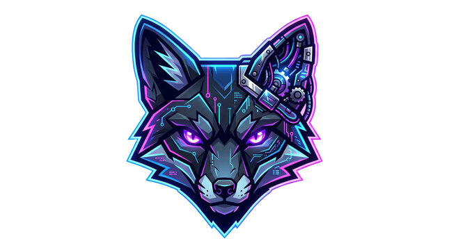 Cyberpunk robotic fox head illustration, futuristic mechanical wolf mascot with neon purple eyes, sci-fi cyborg animal avatar for gaming and esports isolated PNG with Transparent Background