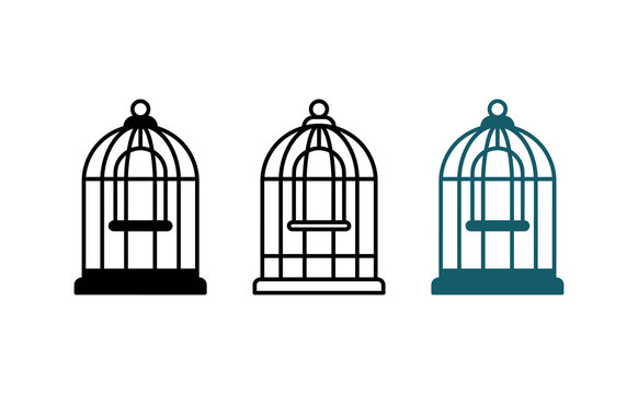 Minimalist birdcage icon set, vintage bird cage vector illustrations, simple line art pet enclosure symbols for web design
