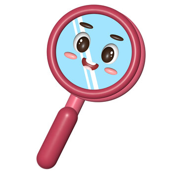 Cute illustration of a red magnifying glass with a cheerful expression, featuring 3D effect and glossy style 