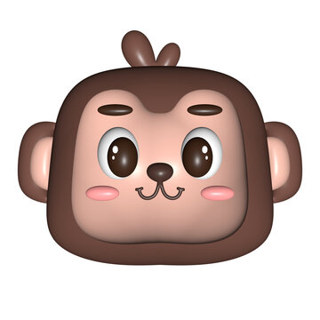 Cute illustration of a square monkey head with a smiling expression, featuring a 3D and glossy effect 