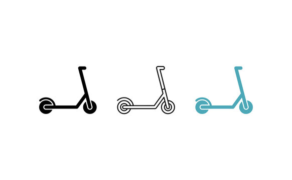 Electric scooter icon set in different styles, kick scooter vector symbols for urban transport, minimalist micro mobility signs on white background