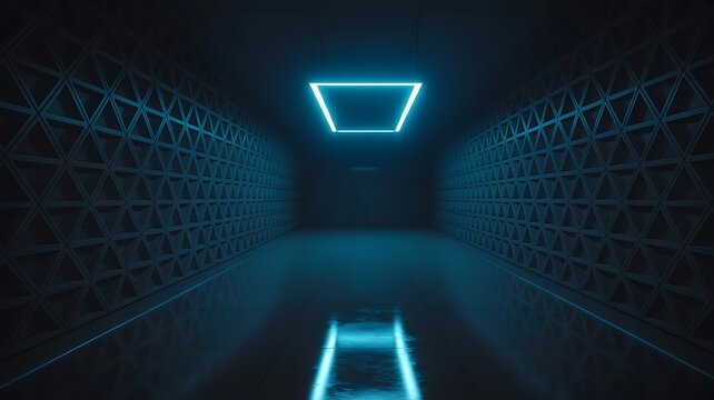 Dark futuristic science fiction corridor with glowing blue neon square light and geometric triangle pattern walls in a deep empty room