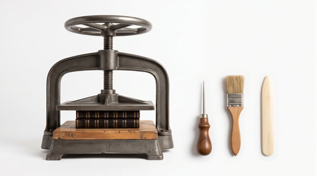 3D antique bookbinding press compressing books alongside awl, glue brush, and bone folder tool. Visual concept for traditional bookbinding, handcraft, restoration, and publishing