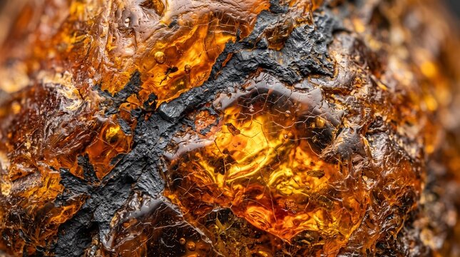 macro view of rough amber texture with natural inclusions and glowing golden crystalline details